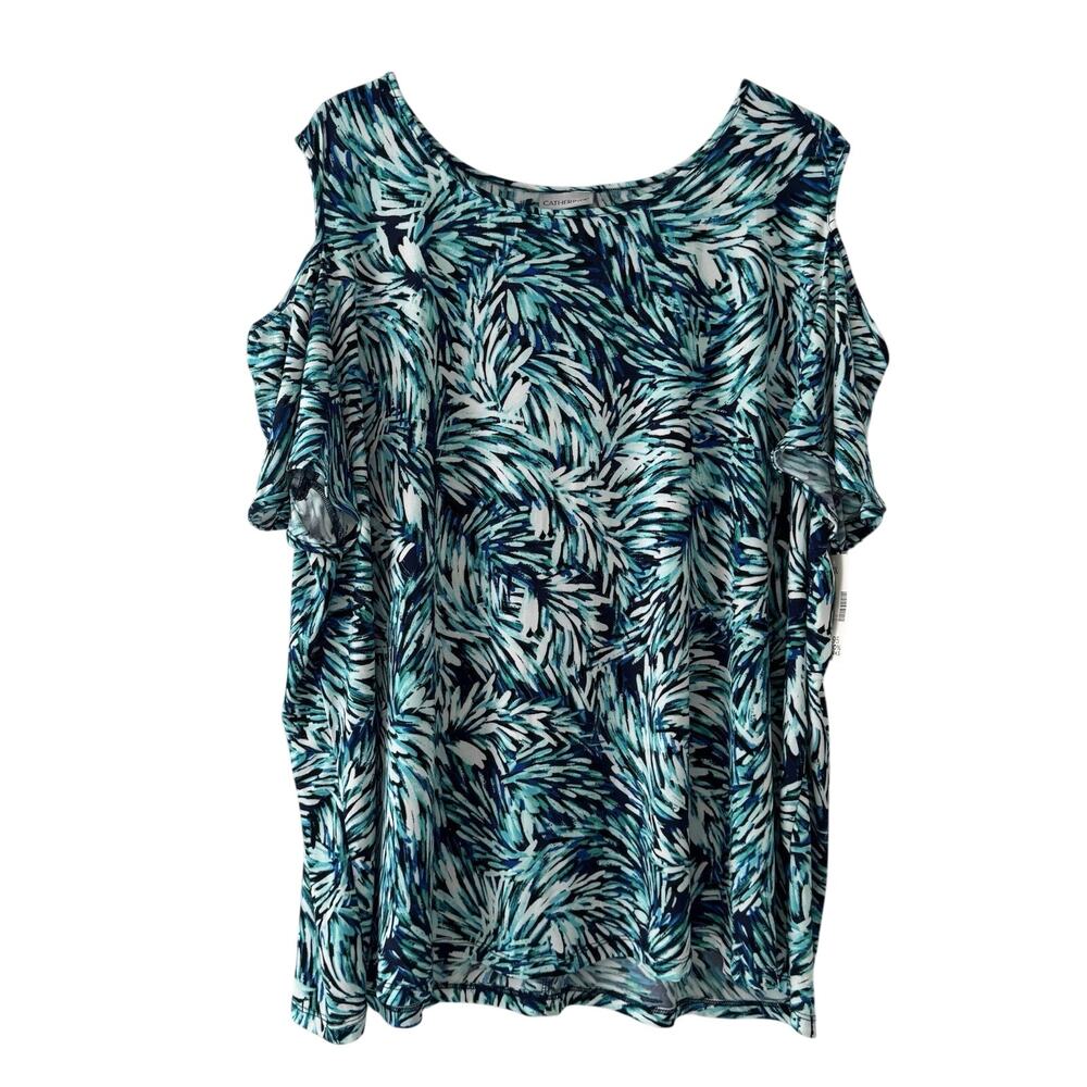 Catherines Top Womens 3X 26/28W Cold Shoulder Stretch Blue White Leaf Pattern - Picture 1 of 9